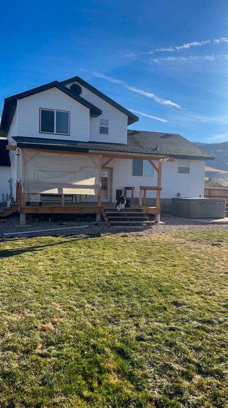 Newly built covered wood deck with stairs on the back of a Cedar City home
