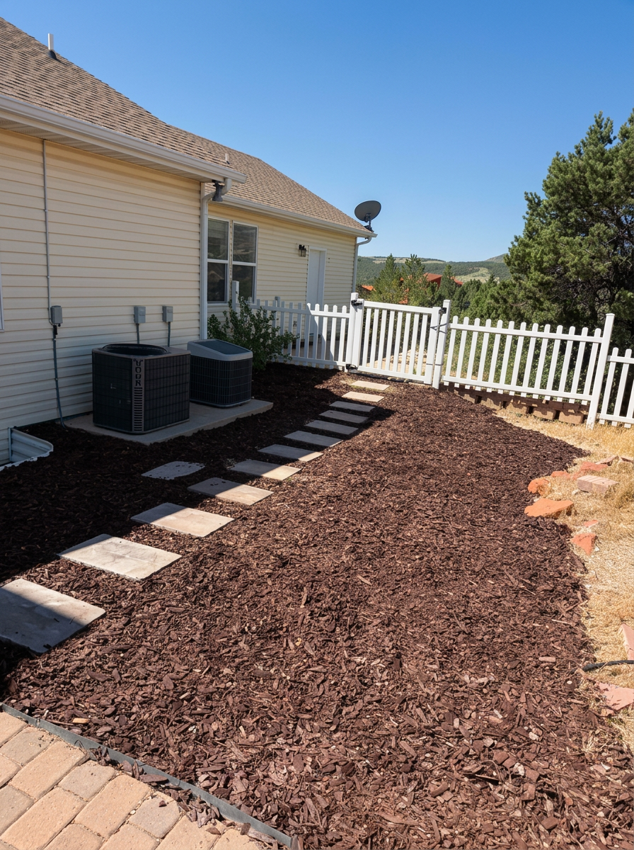Side yard with fresh mulch beds and a stepping-stone walkway after cleanup